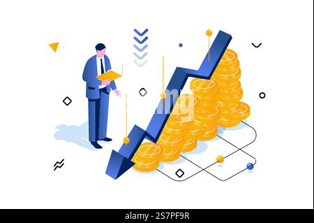 Unemployment crisis concept in 3d isometric design. Man analysis company budget with arrows chart down, financial problem and bankrupt. Vector illustration with isometric people scene for web graphic Stock Vector