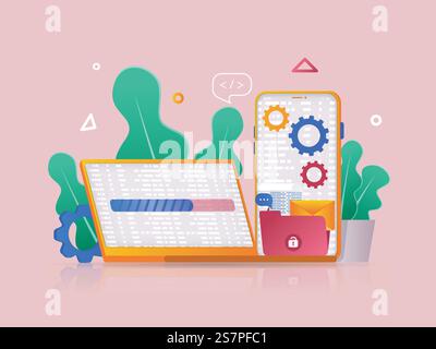 Programming software concept 3D illustration. Icon composition with coding and testing code on laptop or smartphone screens, creating and optimizing software. Vector illustration for modern web design Stock Vector