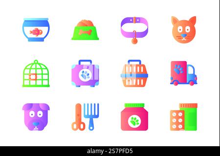 Veterinary icons set in color flat design. Pack of aquarium fish, dog, food bowl, collar, cat, cage, luggage, carrying, grooming tools, pills and other. Vector pictograms for web sites and mobile app Stock Vector