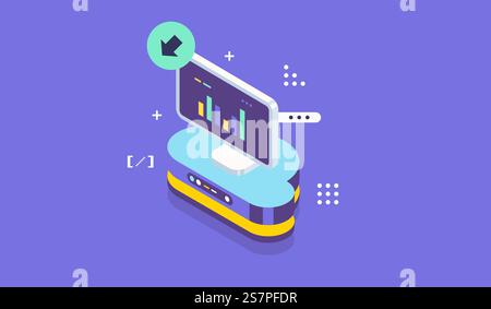 software web site design development concept programming language. Big data technology in isometric vector illustration. Information storage and analysis system. Stock Vector