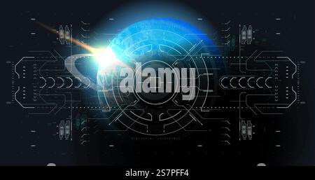 Head-up User Interface.Cyberspace Virtual reality in HUD Style. Modern background with Tech elements. Abstract technology communication. Vector high-tech Template. Science fiction Illustration.. Head-up User Interface. Dashboard spaceship in HUD Style. Modern background with Tech elements. Abstract technology communication. Vector high-tech Template. Science fiction Illustration. Stock Vector