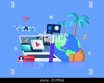 Blogging concept 3D illustration. Icon composition with laptop with video player and other digital content on screen, camera for recording, social networks. Vector illustration for modern web design Stock Vector