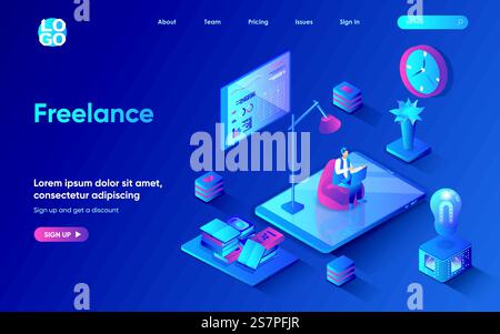 Freelance concept 3d isometric web landing page. People work on laptop remotely, perform work tasks online, analyze data and generate ideas in home office. Vector illustration for web template design Stock Vector