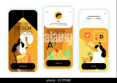 Design studio concept onboarding screens. Create artwork and content in designer agency, creative projects. UI, UX, GUI user interface kit with flat people scene. Vector illustration for web design Stock Vector