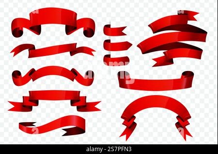 Red ribbons and labels set in cartoon design. Bundle of empty banners for sales and discounts, shiny satin tapes, scrolls, swirls or waves badges other isolated flat elements. Vector illustration Stock Vector