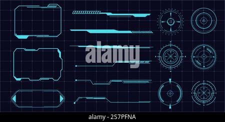 Futuristic HUD frames, borders text box game menu ui panel. Line tech line bar. Screen elements Sci Fi for Gaming UX UI. Vector illustration Stock Vector