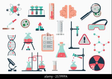 Science laboratory isolated elements set in flat design. Bundle of atom, test tubes, thermometer, magnifier, glasses, warning sign, DNA molecule, chemical reaction and other. Vector illustration. Stock Vector
