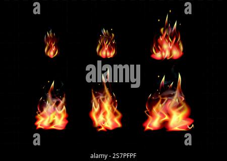 Burning fire 3d set in realism design. Bundle of different stages of flames with smoke and sparks, flaming effect, shining flares or campfire blaze isolated realistic elements. Vector illustration Stock Vector