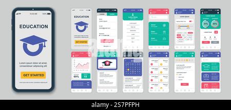 Set of UI, UX, GUI screens Education app flat design template for mobile apps, responsive website wireframes. Web design UI kit. Education Dashboard. Stock Vector