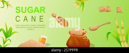 Sugar cane horizontal web banner. Brown granulated sugar in bag or spoon, cubes, stems and leaf, organic natural sweet food. Vector illustration for header website, cover templates in modern design Stock Vector