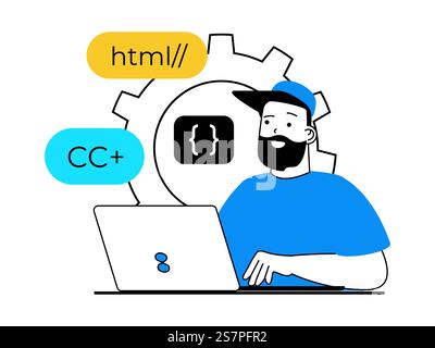 Web development concept with character situation. Man working with html and program languages at laptop, coding and creates site interface. Vector illustration with people scene in flat design for web Stock Vector