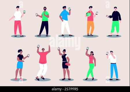 People showing mobile phone set in flat design. Happy men and women holding smartphones and showing cell phone displays. Bundle of diverse characters. Vector illustration isolated persons for web Stock Vector
