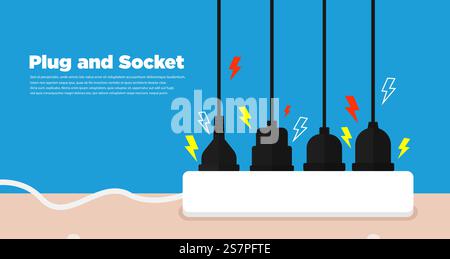 Plug in full power outlet, danger concept vector flat Stock Vector