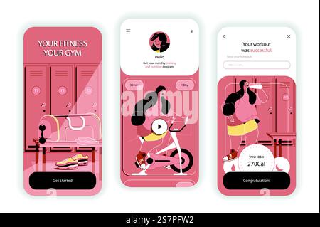 Fitness gym concept onboarding screens. Cardio training and exercises on simulators, healthy lifestyle. UI, UX, GUI user interface kit with flat people scene. Vector illustration for web design Stock Vector