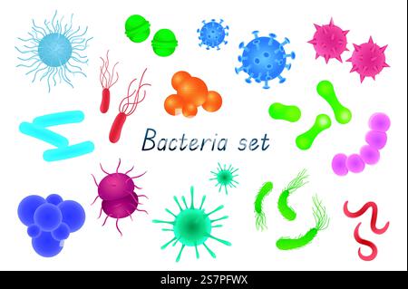 Bacteria and germs 3d realistic set. Bundle of different types of microscopic organisms, microbes, viruses, infection and disease cells, bacillus and other isolated elements.Vector illustration Stock Vector