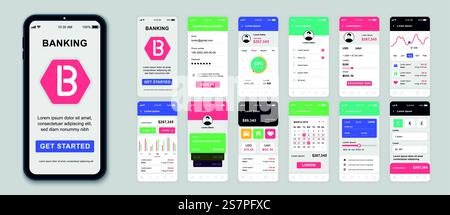 Set of UI, UX, GUI screens Banking app flat design template for mobile apps, responsive website wireframes. Web design UI kit. Banking Dashboard. Stock Vector