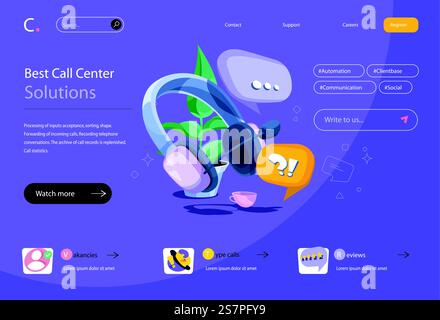 Call center concept in flat cartoon design for homepage layout. Online customer support, problem solving, consulting and chatting with clients. Vector illustration for landing page and web banner Stock Vector