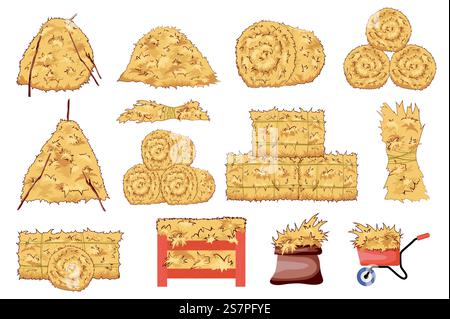 Hay bales set graphic elements in flat design. Bundle of bales of wheat straw of different shapes, roll piles, dried haystacks, store in bag, wheelbarrow or crate. Vector illustration isolated objects Stock Vector