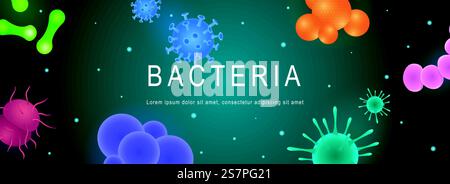 Bacteria horizontal web banner. Microscopic viruses, microorganism and microbes in different shapes and types, bacterium cells. Vector illustration for header website, cover templates in modern design Stock Vector