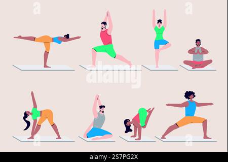 People doing yoga asanas set in flat design. Men and women practicing yoga and training, doing stretching and exercises. Bundle of diverse characters. Vector illustration isolated persons for web Stock Vector
