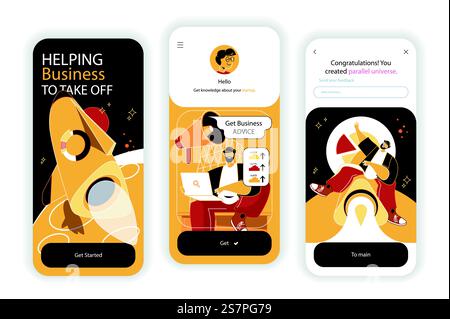 Business startup concept onboarding screens. New project launch, company development and earnings growth. UI, UX, GUI user interface kit with flat people scene. Vector illustration for web design Stock Vector