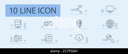 Technology and network set icon. Server, database, cloud upload, connections, virtual reality, global network, innovation, system management, file pro Stock Vector