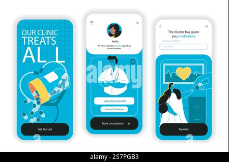 Medical clinic concept onboarding screens. Online doctor consultations and purchase of medicines in pharmacy. UI, UX, GUI user interface kit with flat people scene. Vector illustration for web design Stock Vector