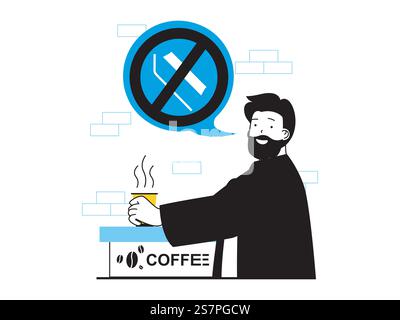 Zero waste concept with character situation. Man drinks coffee from paper cup and refuses plastic straws, care ecology and environment. Vector illustration with people scene in flat design for web Stock Vector