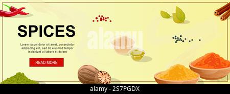 Spices horizontal web banner. Chili peppers, nutmeg, bay leaf, black or red peppercorns, cinnamon, other aroma ingredients. Vector illustration for header website, cover templates in modern design Stock Vector