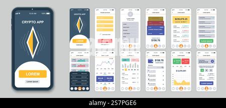 Set of UI, UX, GUI screens Cryptocurrency app flat design template for mobile apps, responsive website wireframes. Web design UI kit. Cryptocurrency Dashboard. Stock Vector