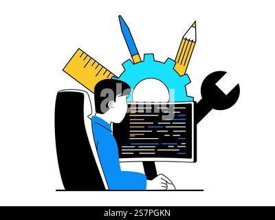 Web development concept with character situation. Man working with programming code at computer, testing and settings, creates sites. Vector illustration with people scene in flat design for web Stock Vector