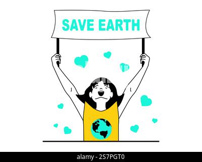 Save Earth concept with character situation. Woman mother hugs sweet ...