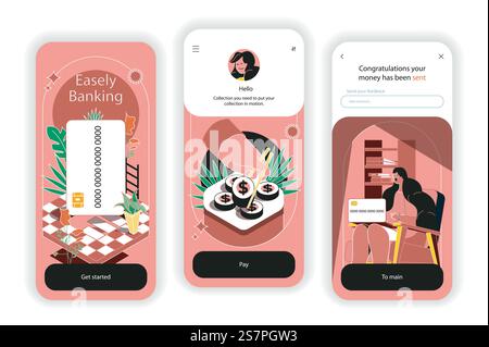 Online banking concept onboarding screens. Credit card management and financial transactions in application. UI, UX, GUI user interface kit with flat people scene. Vector illustration for web design Stock Vector