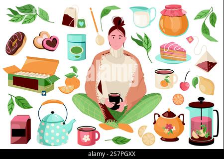 Tea time set graphic elements in flat design. Bundle of woman holding cup, hot drink in mugs, teapots, sweet desserts, tea bags in box, fruits and berries, other. Vector illustration isolated objects Stock Vector
