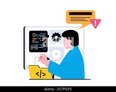 Programming software concept with character situation. Man working with code part, fixing bugs and testing, technical support process. Vector illustration with people scene in flat design for web Stock Vector