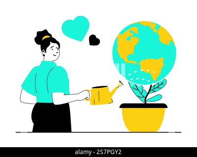 Save Earth concept with character situation. Woman mother hugs sweet ...