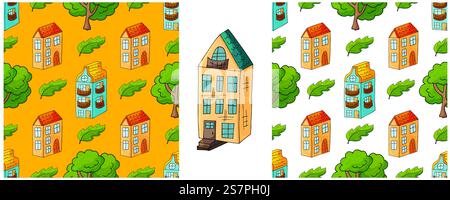 Set seamless patterns with buildings. Building. Seamless pattern with decorative colorful houses. Print for cloth design, textile, fabric, wallpaper Stock Vector