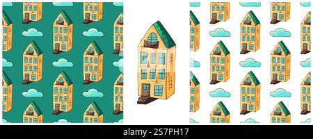 Set seamless patterns with buildings. Building. Seamless pattern with decorative colorful houses. Print for cloth design, textile Stock Vector