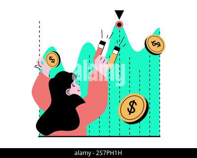 Stock trading concept with character situation. Woman analyzes financial chart and attracts positive trend with magnet to increases income. Vector illustration with people scene in flat design for web Stock Vector
