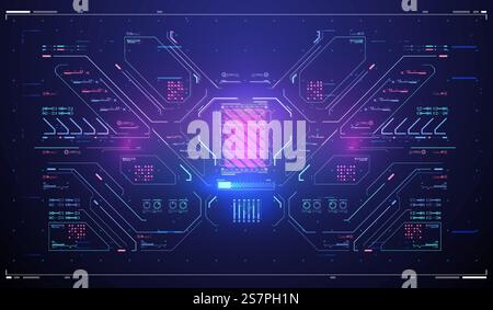 Head up screens for video and games. Abstract tech background. Cyberpunk Sky-fi illustration. Futuristic abstract technology Template. Futuristic VR display. HUD User Interface. High tech frame. Stock Vector