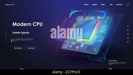 Quantum computer database concept. Modern CPU illustration . Central Computer Processors. Futuristic microchip processor. Tech Futuristic Template. Digital chip with HUD elements. Stock Vector