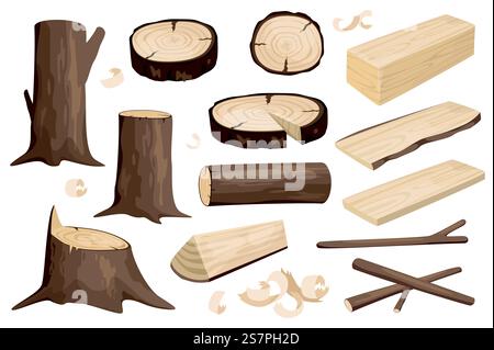 Wood logs set graphic elements in flat design. Bundle of different type of tree trunks, stumps, woodwork planks, round cuts with rings patterns, twigs and chips. Vector illustration isolated objects Stock Vector
