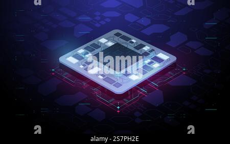 Futuristic microchip processor. Modern CPU illustration . Quantum computer database concept. Tech Futuristic Template. Central Computer Processors. Digital chip with HUD elements. Stock Vector