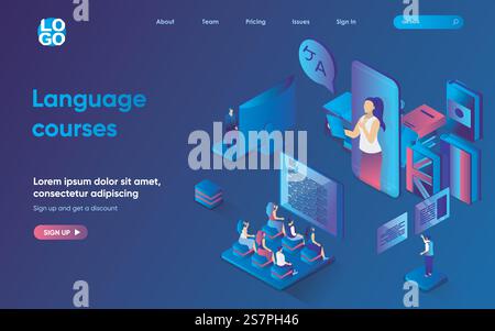 Language courses concept 3d isometric web landing page. People study foreign languages in courses, study with teacher in classroom and online applications. Vector illustration for web template design Stock Vector