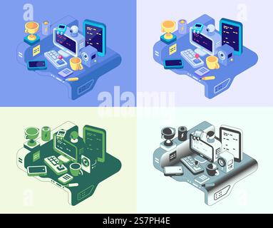 Flat cartoon style. Work at home coworking space. Illustration. Self Employment Concept. Freelance work in comfortable conditions. Isometric view of workspace with computer. Stock Vector