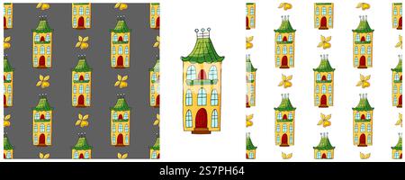 Set Seamless patterns with decorative colorful houses. Building. Pattern in hand draw style. Print for cloth design, textile, fabric, wallpaper, paper Stock Vector