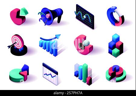 Marketing research 3d isometric icons set. Charts, graphs, diagrams, data analysis, megaphone, target, advertising and other isolated elements pack. Vector illustration in realistic render design Stock Vector