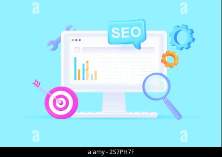 Seo optimization concept 3D illustration. Icon composition with search line and keywords on computer screen, magnifier, aiming target, settings and gears. Vector illustration for modern web design Stock Vector