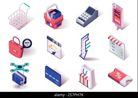 Shopping and sale 3d isometric icons set. Supermarket trolley, cart, checkout, delivery, payment, discount, coupon and other isolated elements pack. Vector illustration in realistic render design Stock Vector