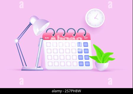 Calendar in office work organization concept 3D illustration. Icon composition with desk calendar, lamp, plant and wall clock. Time management and planning. Vector illustration for modern web design Stock Vector